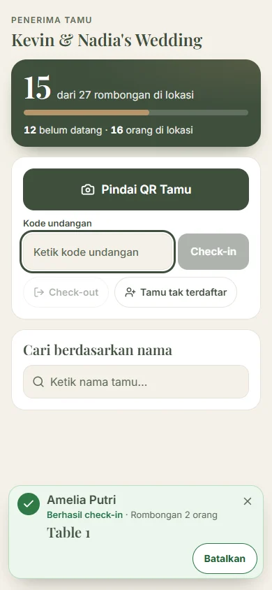 Usher screen after a code is entered: guest name, party size and table number