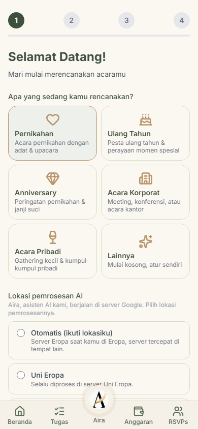 Pilih jenis acara dan identitas dasar