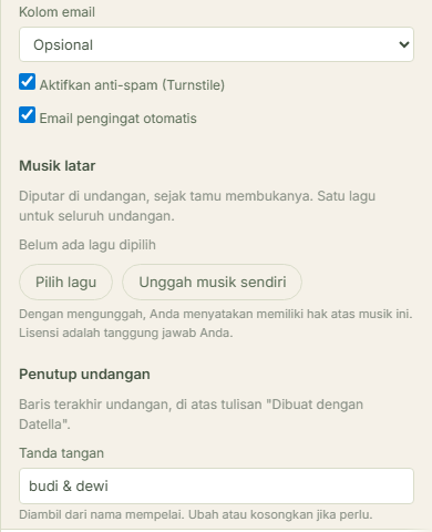 Buka panel musik di pengaturan undangan